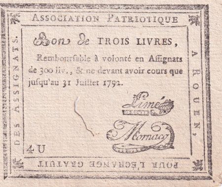 France Bon de trois livres - Seine Maritime - Association Patriotique - 1792