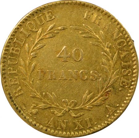 France Bonaparte - 40 Francs Or, Consulat - An XI A Paris