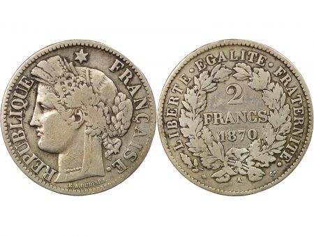 France Cérès - 2 Francs Argent, IIIe République - 1870 A Paris Variété Petit A