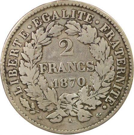 France Cérès - 2 Francs Argent, IIIe République - 1870 A Paris Variété Petit A