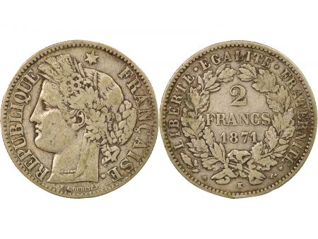 France Cérès - 2 Francs Argent, IIIe République - 1871 K Bordeaux