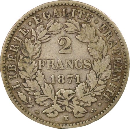 France Cérès - 2 Francs Argent, IIIe République - 1871 K Bordeaux