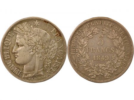 France Cérès - 5 Francs Argent, IIe République - 1849 A Paris