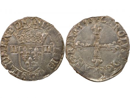 France Charles IX - 1/4 Ecu Argent, Croix de Face - 1590 T Nantes