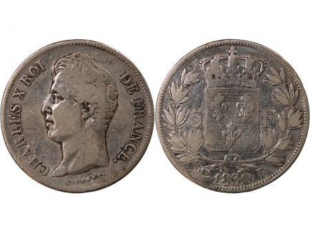 France CHARLES X - 5 FRANCS  ARGENT, Tranche en creux - 1830, D LYON