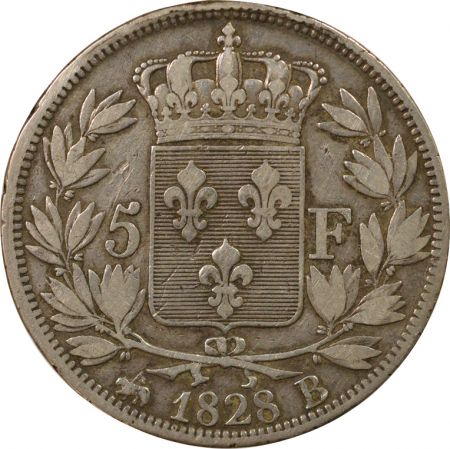 France Charles X - 5 Francs Argent, 2e Type, Tr. en creux - 1828 B Rouen