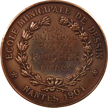 France ECOLE DE DESSIN DE NANTES, PRIX DU DESSIN ARTISTIQUE DE 3e ANNEE - MEDAILLE BRONZE 1901 - ATTRIBUE À PIERRE BAUDRIER