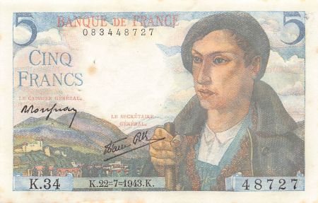 France FRANCE  BERGER - 5 FRANCS 22/07/1943 - SÉRIE K.34 - TTB+