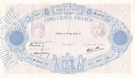 France FRANCE  BLEU ET ROSE - 500 FRANCS 27/05/1938 - SÉRIE W.2912 - TTB+