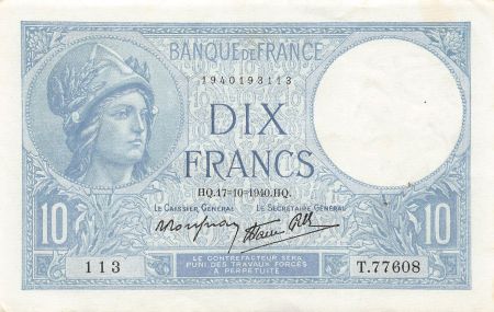 France FRANCE  MINERVE - 10 FRANCS 17/10/1940 - PSUP