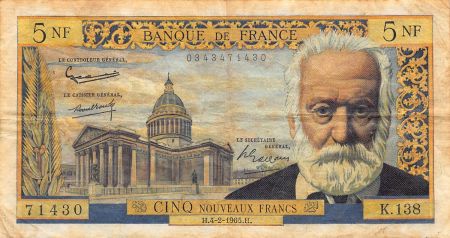 France FRANCE  VICTOR HUGO - 5 NF 04/02/1965 - SÉRIE K.138 - TB