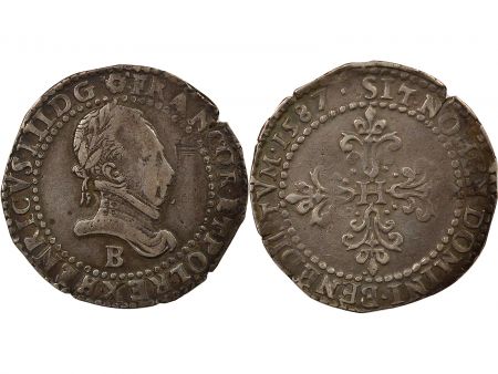 France Henri III - 1/2 Franc Argent, Au Col plat - 1587 B Rouen