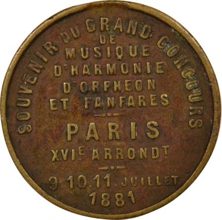 France Jeton Bronze, Grand Concours de Musique - 1881 Paris