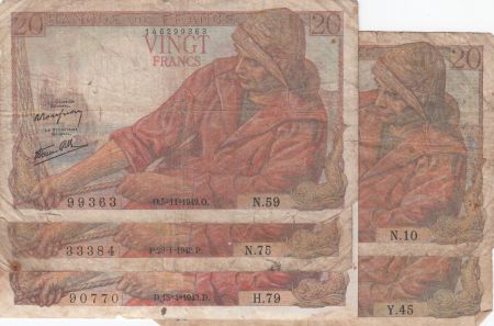 France Lot 5 x 20 Francs - Pêcheur - 1942 et 1943 - F.13