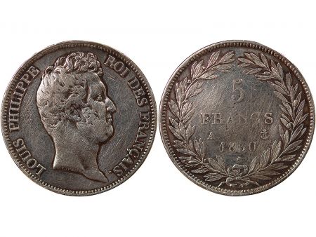 France LOUIS-PHILIPPE - 5 FRANCS ARGENT, TRANCHE EN CREUX, SANS I - 1830, A PARIS