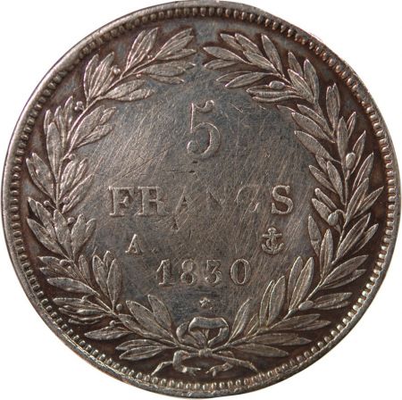 France LOUIS-PHILIPPE - 5 FRANCS ARGENT, TRANCHE EN CREUX, SANS I - 1830, A PARIS