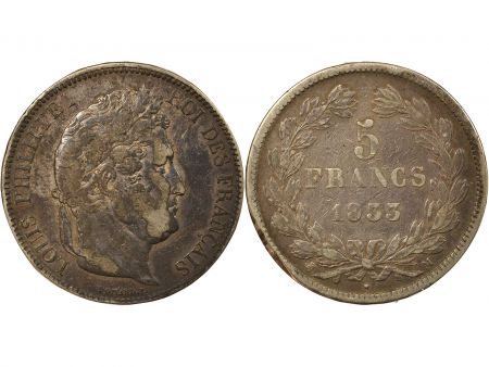 France Louis Philippe I - 5 Francs Argent, Tr. en relief - 1833 M Toulouse