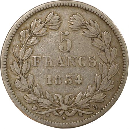 France Louis Philippe I - 5 Francs Argent, Tr. en relief - 1834 Q Perpignan