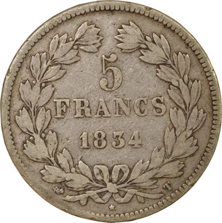 France Louis Philippe I - 5 Francs Argent, Tr. en relief - 1834 T Nantes