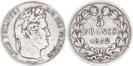 France Louis Philippe Ier - 5 Francs Argent 1832 BB Strasbourg \ Type Domard, Tr Relief\ 