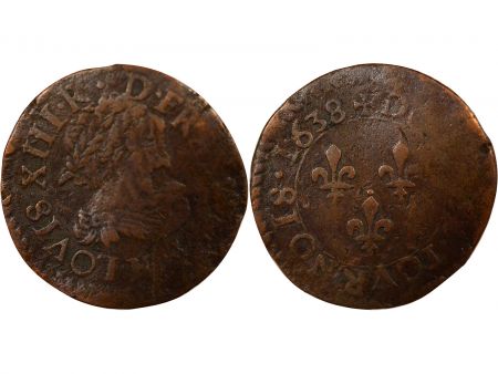 France Louis XIII - Double Tournois, Type 14 - 1638 H La Rochelle