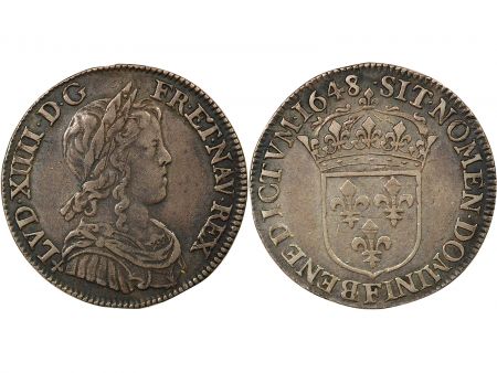 France Louis XIV - 1/4 Ecu Argent, à la Mèche Longue - 1648 F Angers R3