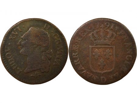 France Louis XVI - Sol, à l\'Ecu - 1791 D Lyon