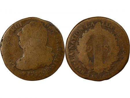 France Louis XVI, Constitution - 2 Sols au Faisceau, type \ Français\  - 1792 BB Strasbourg