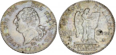 France Louis XVI, Convention - 30 Sols Argent au Génie - 1791 A Paris