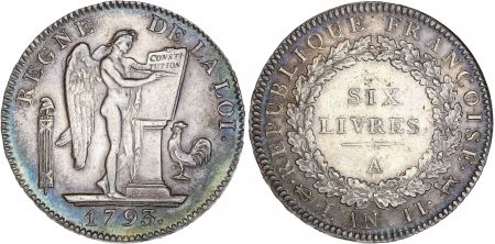 France Louis XVI, Convention - 6 Livres Argent au Génie - 1793 A Paris