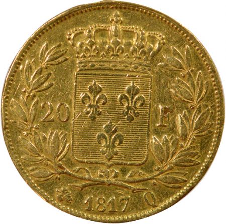 France Louis XVIII - 20 Francs Or, Tête nue - 1817 Q Perpignan