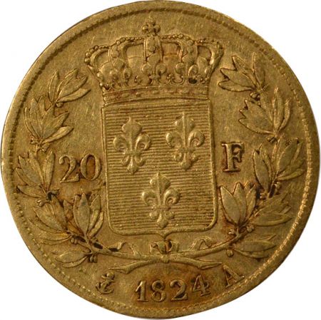 France Louis XVIII - 20 Francs Or, Tête nue - 1824 A Paris