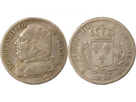 France Louis XVIII - 5 Francs Argent, Buste Habillé - 1814 M Toulouse