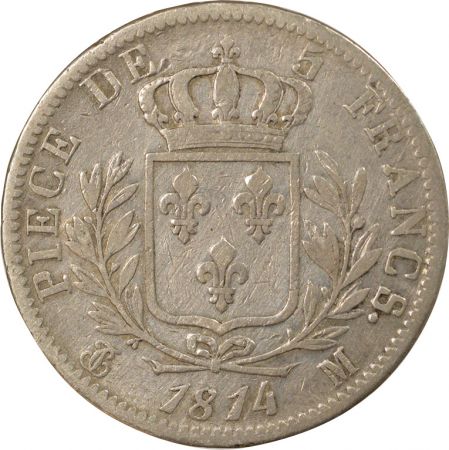 France Louis XVIII - 5 Francs Argent, Buste Habillé - 1814 M Toulouse