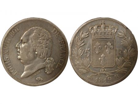 France Louis XVIII - 5 Francs Argent, tête nue - 1819 B Rouen