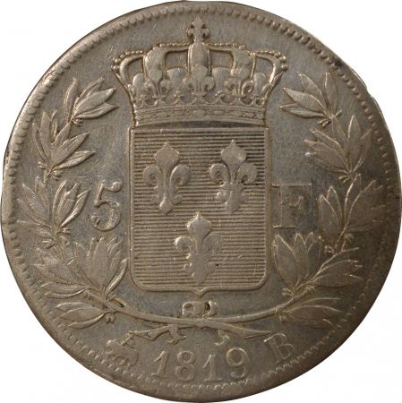 France Louis XVIII - 5 Francs Argent, tête nue - 1819 B Rouen