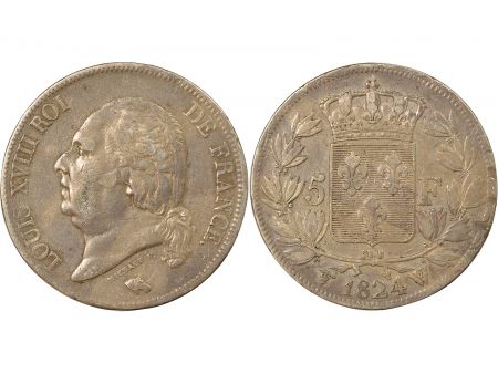 France Louis XVIII - 5 Francs Argent, Tête nue - 1824 W Lille