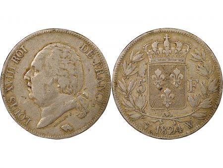 France Louis XVIII - 5 Francs Argent, Tête nue - 1824 W Lille