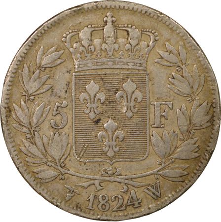 France Louis XVIII - 5 Francs Argent, Tête nue - 1824 W Lille