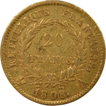 France Napoléon I - 20 Francs Or, Tête laurée, République - 1808 A Paris