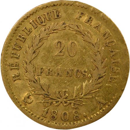 France Napoléon I - 20 Francs Or, Tête laurée, République - 1808 A Paris