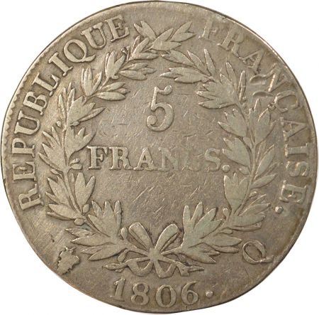 France Napoléon I - 5 Francs Argent, République, Calendrier Grégorien - 1806 Q Perpignan