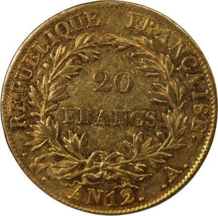 France NAPOLEON Ier - 20 FRANCS OR, CALENDRIER RÉVOLUTIONNAIRE, AN 12 A PARIS