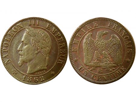 France Napoléon III - 1 Centime, Tête laurée - 1862 Grand BB Strasbourg