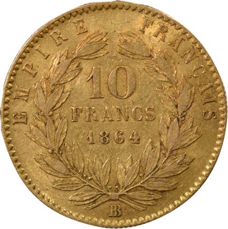 France Napoléon III - 10 Francs Or, Tête laurée - 1864 Grand BB Strabsourg