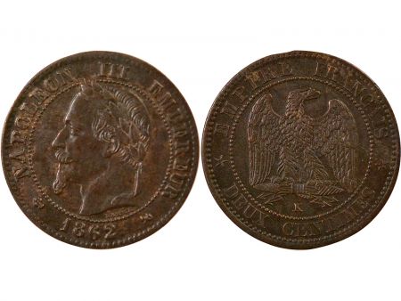 France Napoléon III - 2 Centimes, Tête laurée - 1862 K Bordeaux