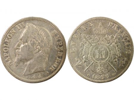 France Napoléon III - 2 Francs Argent, Tête laurée - 1866 A Paris