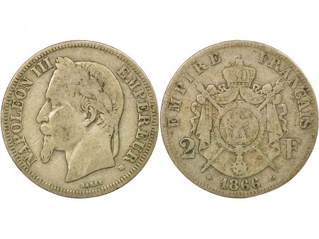 France Napoléon III - 2 Francs Argent, Tête laurée - 1866 BB Strasbourg