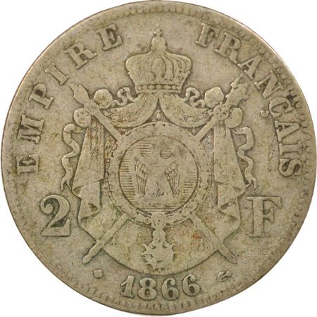 France Napoléon III - 2 Francs Argent, Tête laurée - 1866 BB Strasbourg