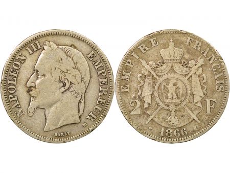 France Napoléon III - 2 Francs Argent, Tête laurée - 1866 BB Strasbourg